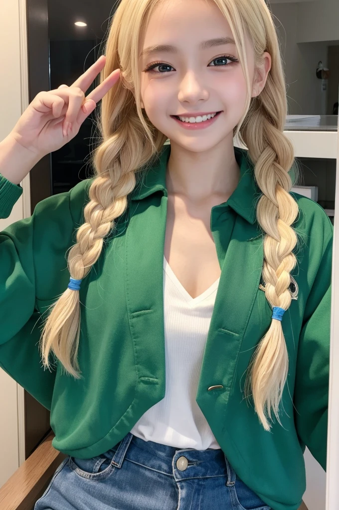 Blonde It is tied with a single braid Green round eyes Vampire Blue Short Jacket Double teeth smile White skin 19 years old Bat wings6枚 吸血鬼 腹出し smile 青いチョーカー 白いサラシ 青いミニスカート 19歳 青いヒール アニメ調 腕2本 足2本