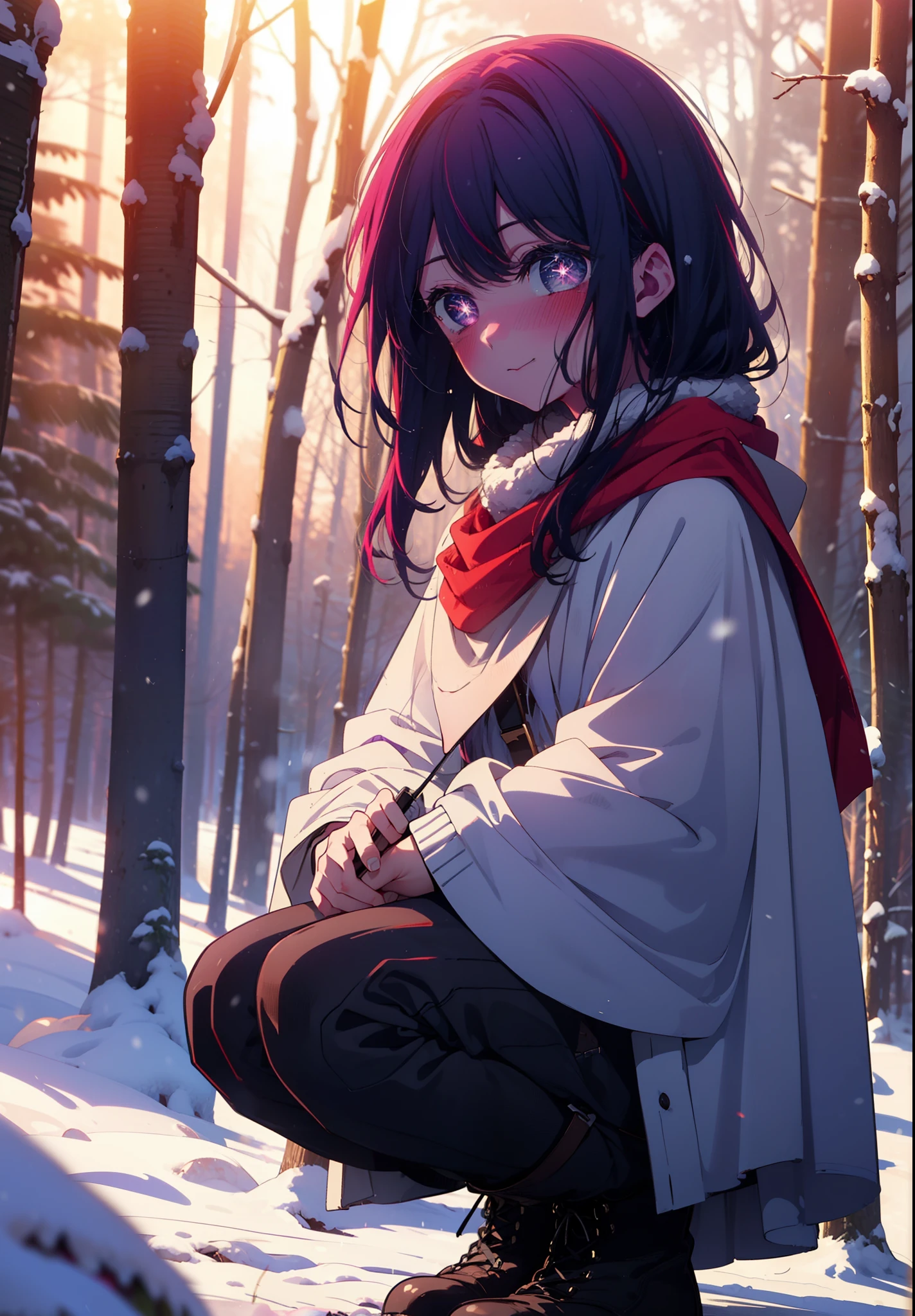 aihoshino, Ai Hoshino, Long Hair, bangs, (Purple eyes:1.1), Purple Hair, (Symbol-shaped pupil:1.5), smile,,smile,blush,White Breath,
Open your mouth,snow,Ground bonfire, Outdoor, boots, snowing, From the side, wood, suitcase, Cape, Blurred, , forest, White handbag, nature,  Squat, Mouth closed, Cape, winter, Written boundary depth, Black shoes, red Cape break looking at viewer, Upper Body, whole body, break Outdoor, forest, nature, break (masterpiece:1.2), Highest quality, High resolution, unity 8k wallpaper, (shape:0.8), (Beautiful and beautiful eyes:1.6), Highly detailed face, Perfect lighting, Highly detailed CG, (Perfect hands, Perfect Anatomy),