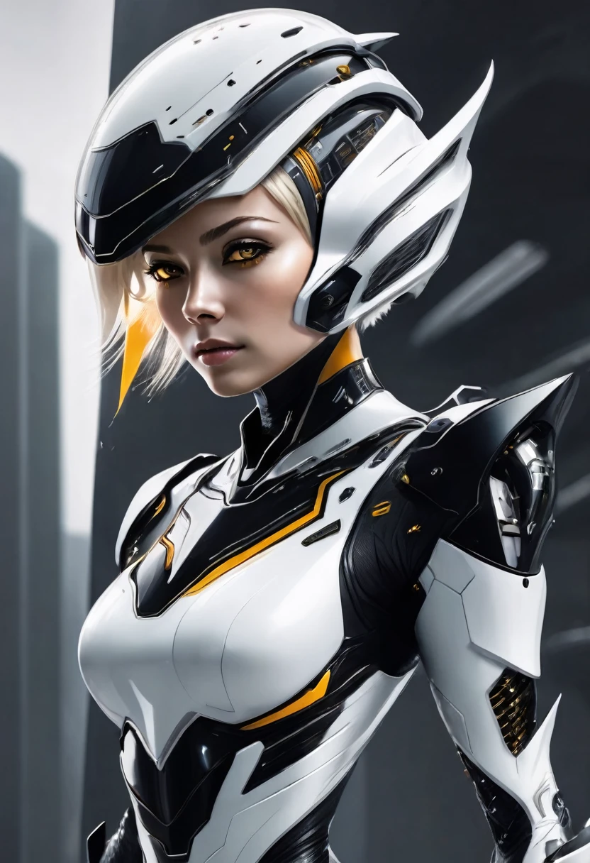 female character in a futuristic black and white space suit, her head is uncovered she has short blond pixie hair cut and amber eyes. solid gray background