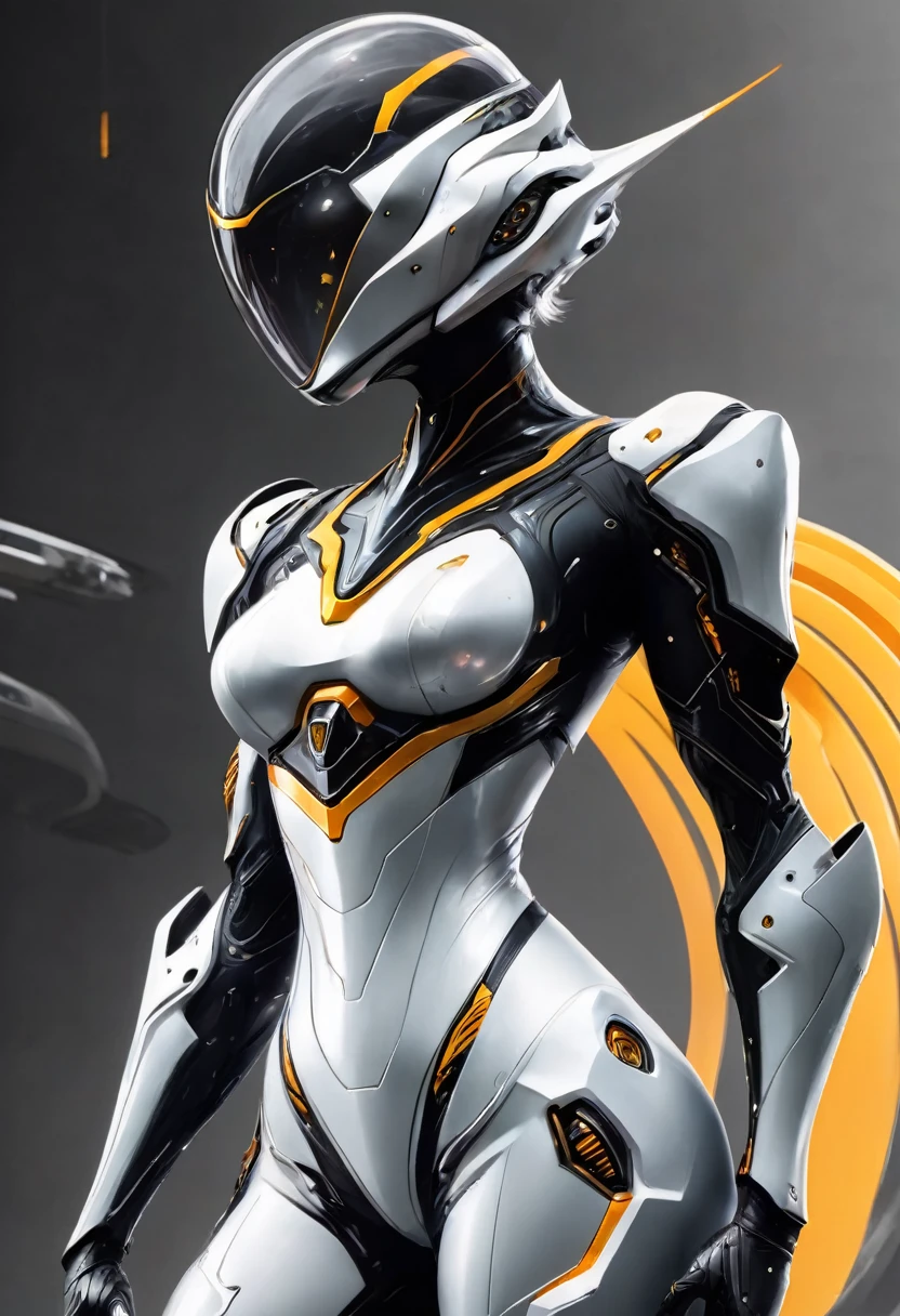 female character in a futuristic black and white space suit, her head is uncovered she has short blond pixie hair cut and amber eyes. solid gray background