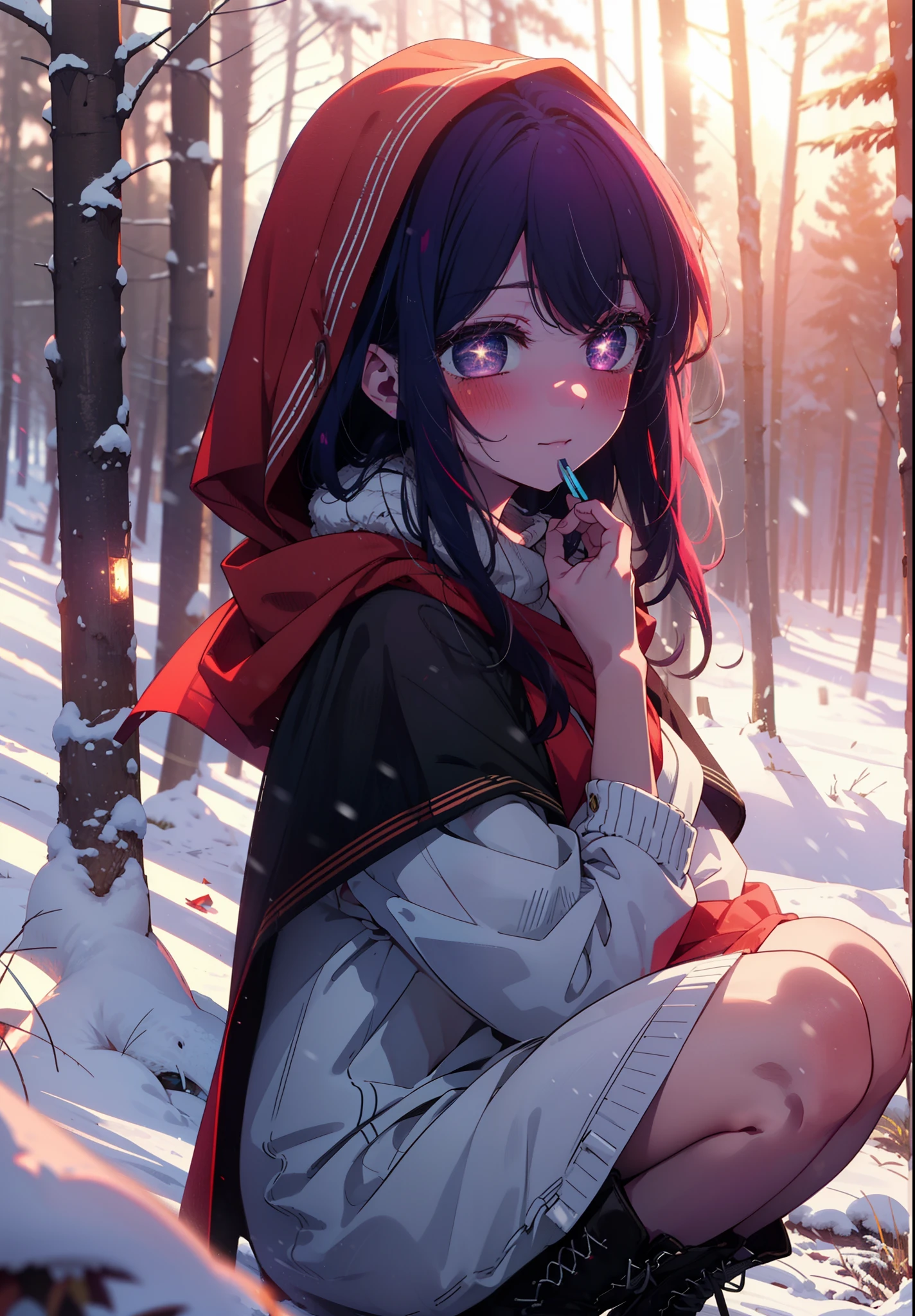 aihoshino, Ai Hoshino, Long Hair, bangs, (Purple eyes:1.1), Purple Hair, (Symbol-shaped pupil:1.5), smile,,smile,blush,White Breath,
Open your mouth,snow,Ground bonfire, Outdoor, boots, snowing, From the side, wood, suitcase, Cape, Blurred, , forest, White handbag, nature, Squat, Mouth closed, Cape, winter, Written boundary depth, Black shoes, red Cape break looking at viewer, Upper Body, whole body, break Outdoor, forest, nature, break (masterpiece:1.2), Highest quality, High resolution, unity 8k wallpaper, (shape:0.8), (Beautiful and beautiful eyes:1.6), Highly detailed face, Perfect lighting, Highly detailed CG, (Perfect hands, Perfect Anatomy),