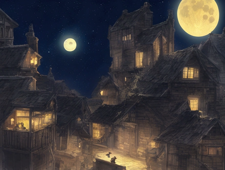 A boy is sitting on a roof on a night when the moon is high..