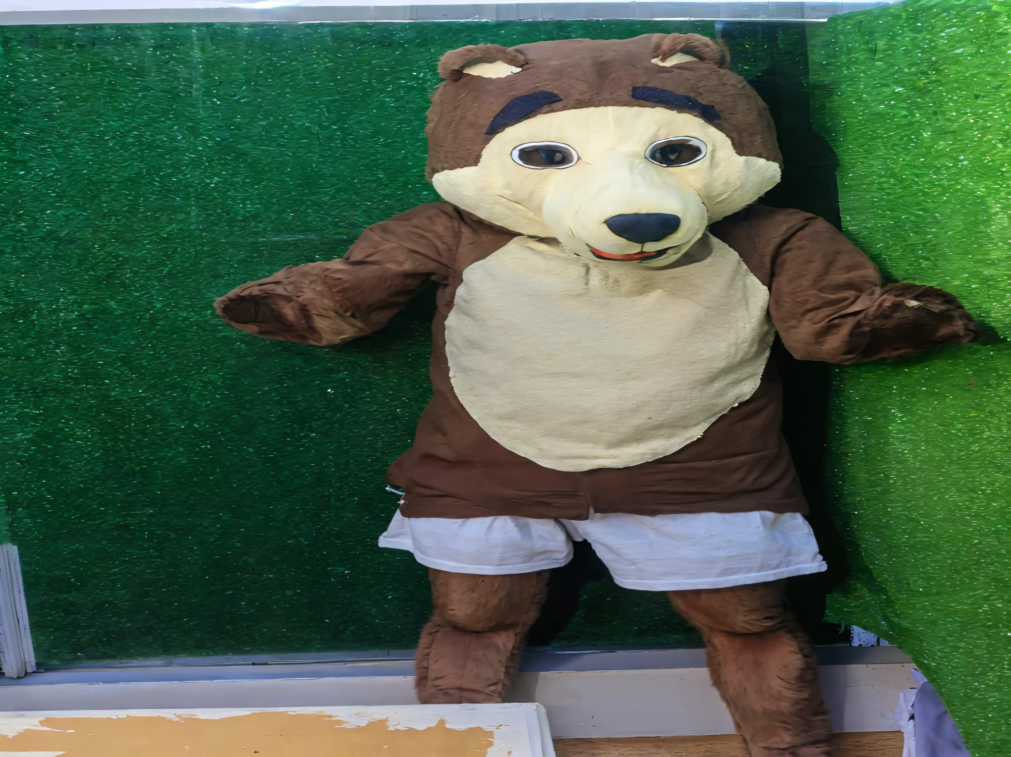 Wise Bear stands hanging clothes out of the window