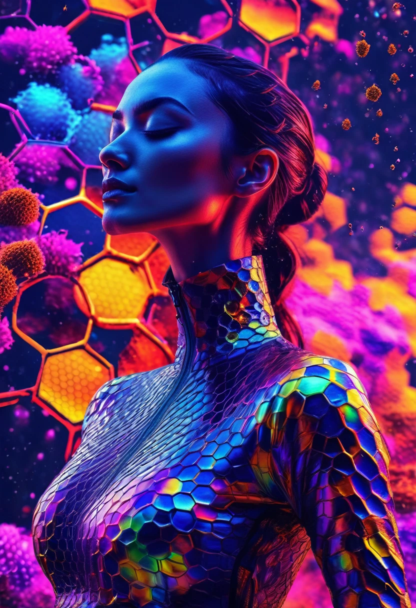 masterpiece,best quality,woman,closed eyes,  
 splashing,abstract,psychedelic,neon,(honeycomb pattern deepv v outfit),(creative:1.3),sy3,SMM,fantasy00d, ultra clear
