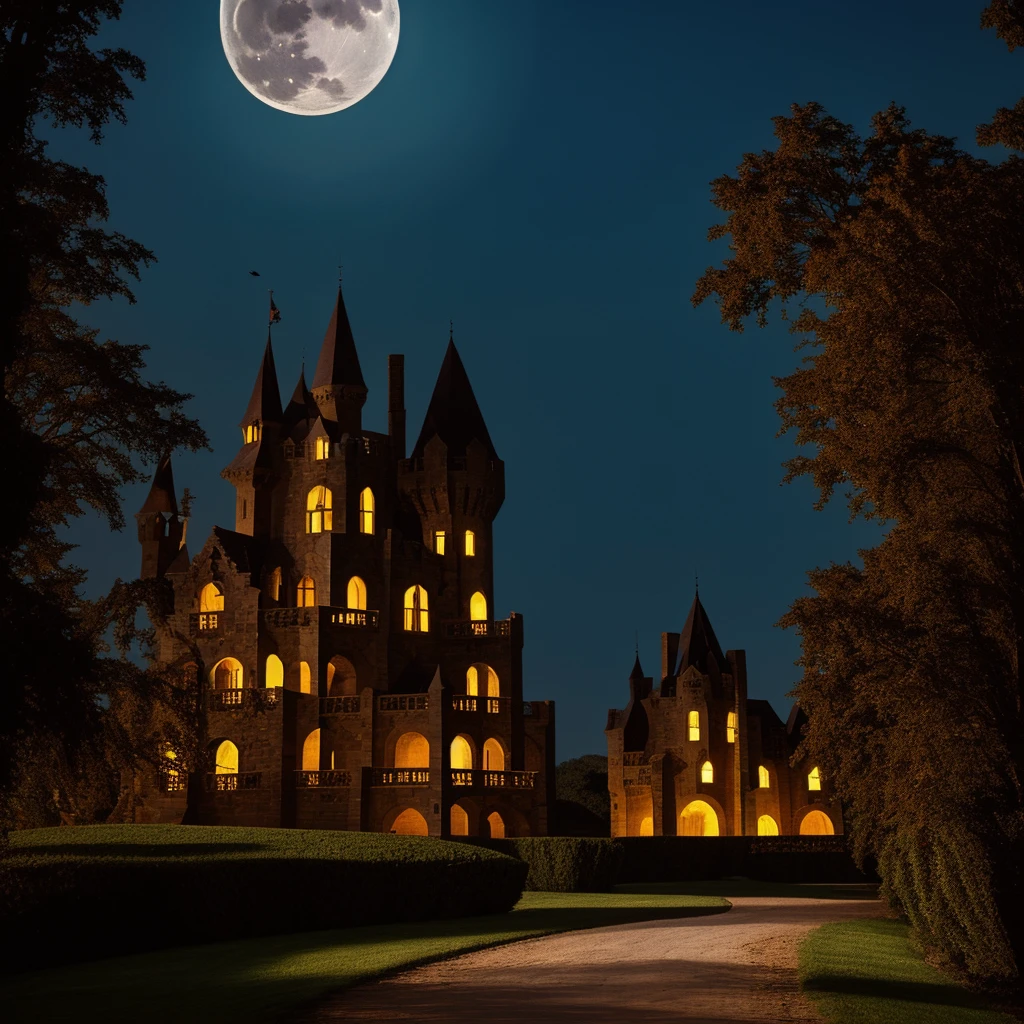 Cenario de Halloween, shining moon, natta, castle, path illuminated by moonlight, halloween, ghastly, dark path, grimdark, Terror