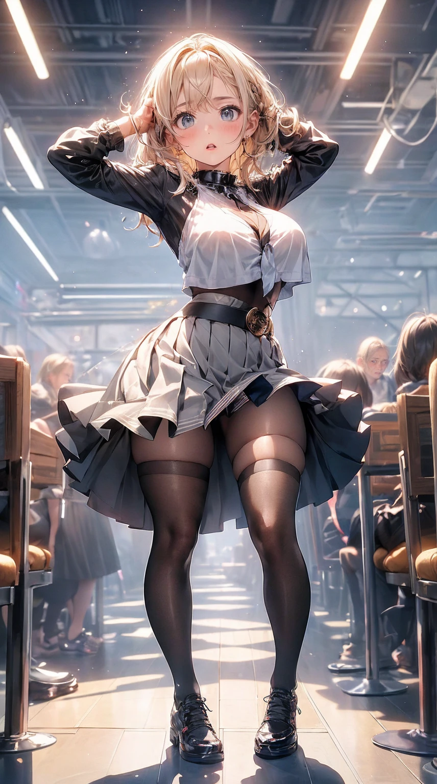 Girls wear skirts,it's a perfect face,seminu,Willow waist,(real, realistically), (depth of fields),striped hair,thick thight,view the viewer , insanely details, Complicated Details, skeleton costume,(Lop), Lower chest skeleton costume,Shiny holographic skeleton costume:1.1 , Big breasts sag,hair blonde,Redlip ,see-through skirt,(((8K,winning art,dynamic poses))),