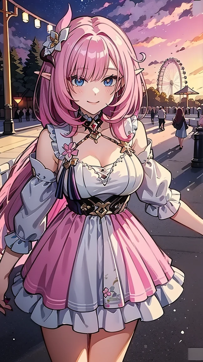 Masterpiece, Super Detail, High Quality, 8K, top quality, one girl, alone, looking at viewer, bangs, elysia, honkai impact , pink hair, light blue eyes, long hair, manicure, hair ornament, (((pink summer dress))), holding up hand, flower, blunt bangs, ((charming smile)), tassel, colorful, amusement park background, ruffles, multi colored hair, ((Above the knees image standing)), beautiful fingers and nails
