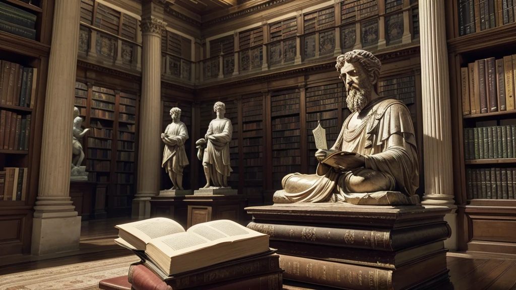 Create an inspiring image with an old library background, with books and a statue of Marcus Aurelius in the background, with the title