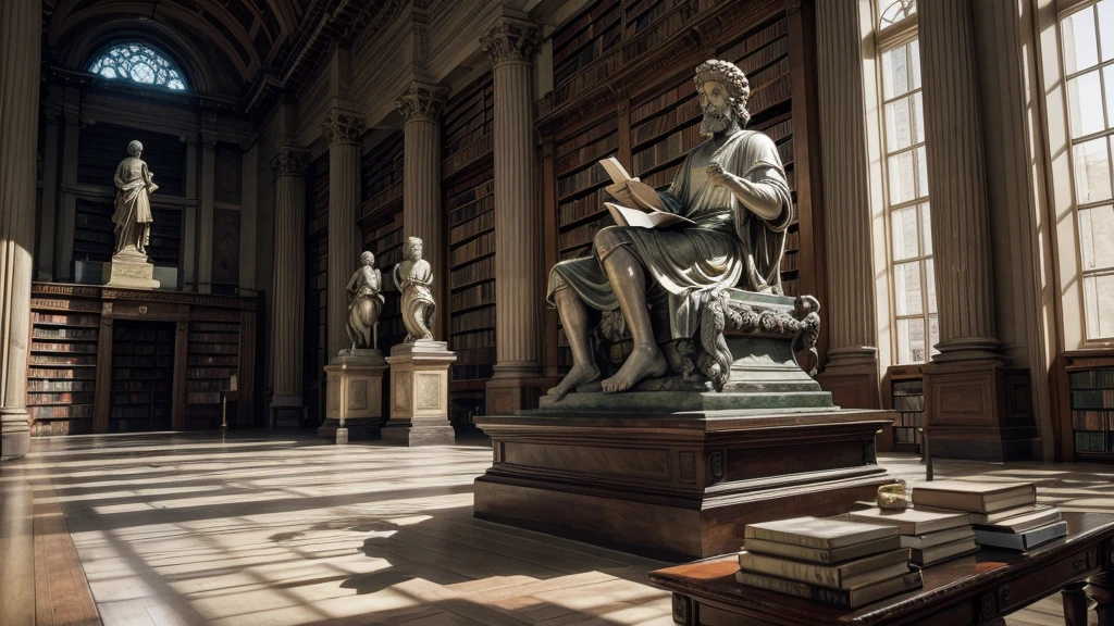 Create an inspiring image with an old library background, with books and a statue of Marcus Aurelius in the background, with the title