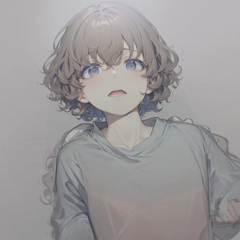 Boy with curly hair, dark brown color, eyes browns, brunette skin, red sweatshirt and blue undershirt 