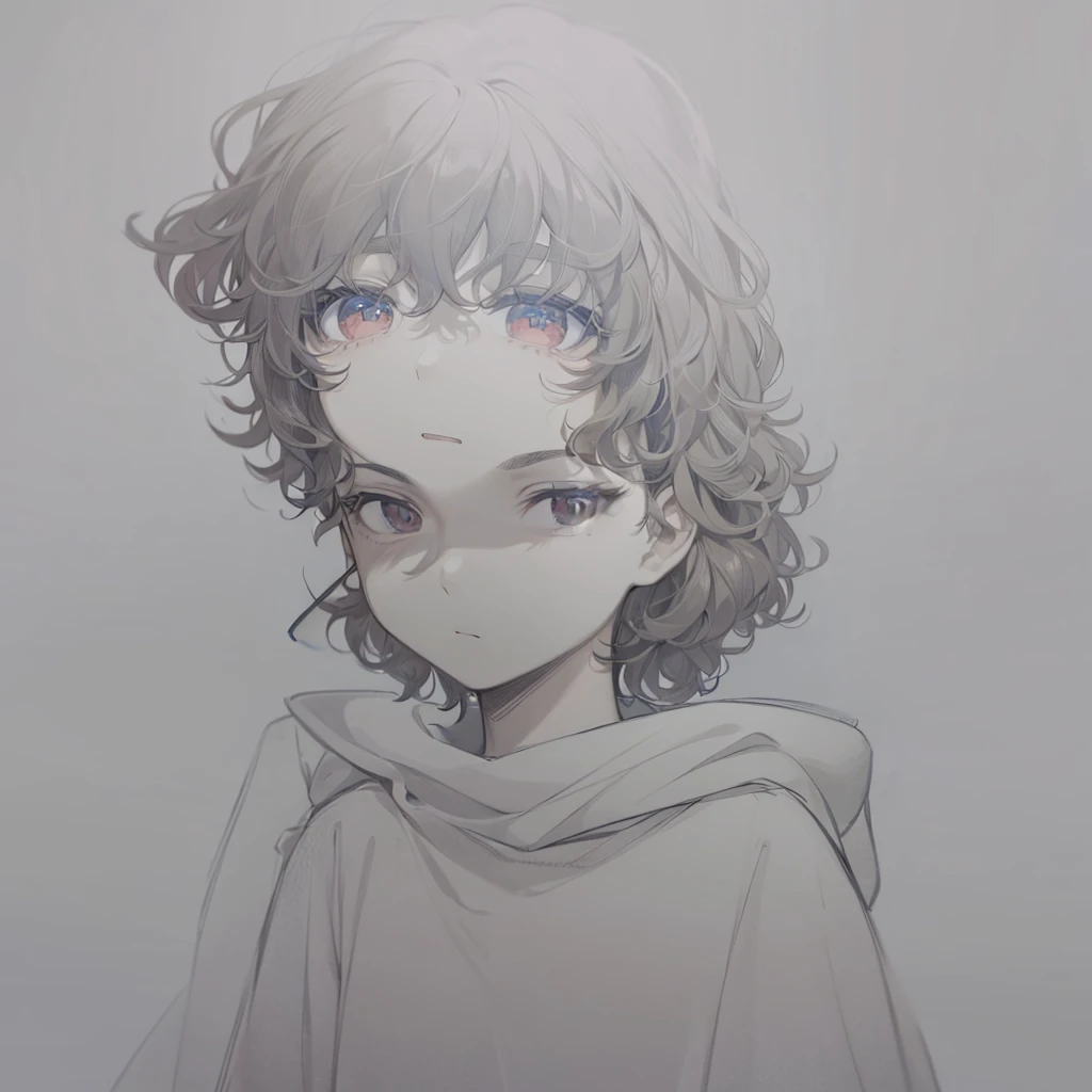 Boy with curly hair, dark brown color, eyes browns, brunette skin, red sweatshirt and blue undershirt
