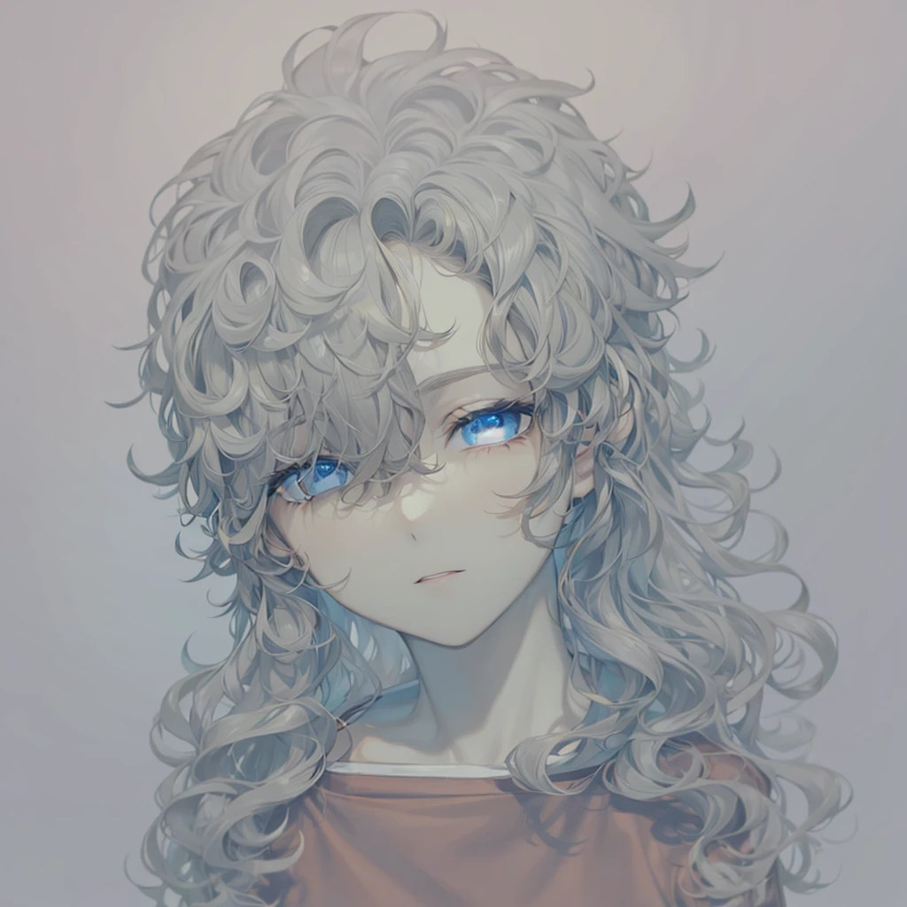 Boy with curly hair, dark brown color, eyes browns, brunette skin, red sweatshirt and blue undershirt