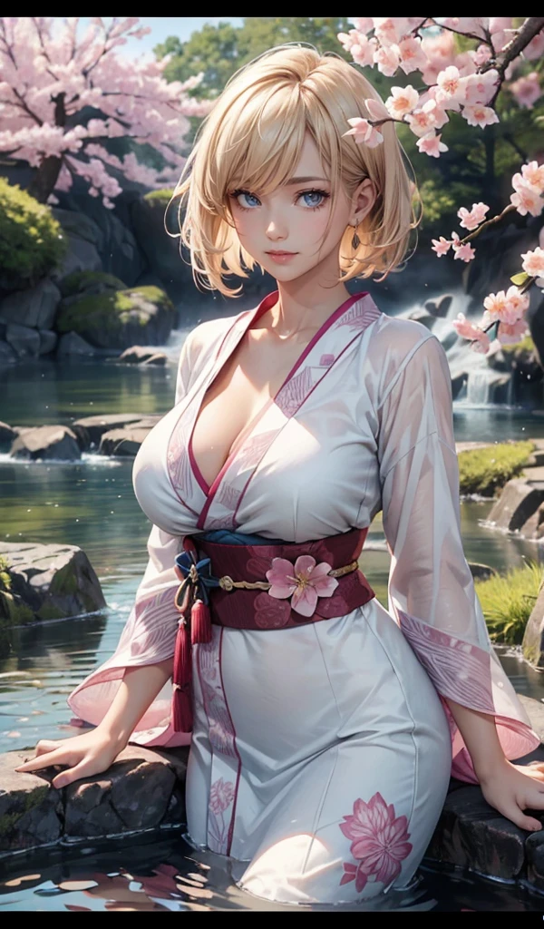 (Amazing masterpiece), (Maximize highest quality: 1.5), (Maximize most beautiful digital illustrations: 1.5), ((Most realistic: 1.5)), ((Smooth, soft, crisp and most realistic skin and hair textures)), Most beautiful detailed eyes:1.5, ((Maximum resolution, UHD:1.5, 16K, 1080p, 10 million ppi, 300 million dpi images)), (Amazing dynamics:1.5), Beautiful backgrounds with depth of field, Most beautiful natural light, Rule of thirds, ((Maximize every effect and present it in the ultimate quality)), 1woman, 35years old, beautiful face, elegant mature woman, Ultimate beauty of all time:1.5, Ultimate attractive face that combines sexiness and eroticism:1.5, Slut:1.3, solo:1.3, beautiful big breasts, highly upturned breasts, light blonde hair, short hair, Shag, (eyes visible through hair:1.3), glossy very thick lips:1.3, pink lipstick:1.0, sexy smile:1.5, cool kimono, intricate floral motifs, pale pastel shades, touches of pink, vivid colors, wide sleeves, detailed obi, Japanese garden setting, peaceful pond, blossoming sakura, soft wind, graceful and cool, summer wear, fine embroidery, airy fabric, gentle color transitions, balanced design, calm ambiance, traditional culture, creative representation,
