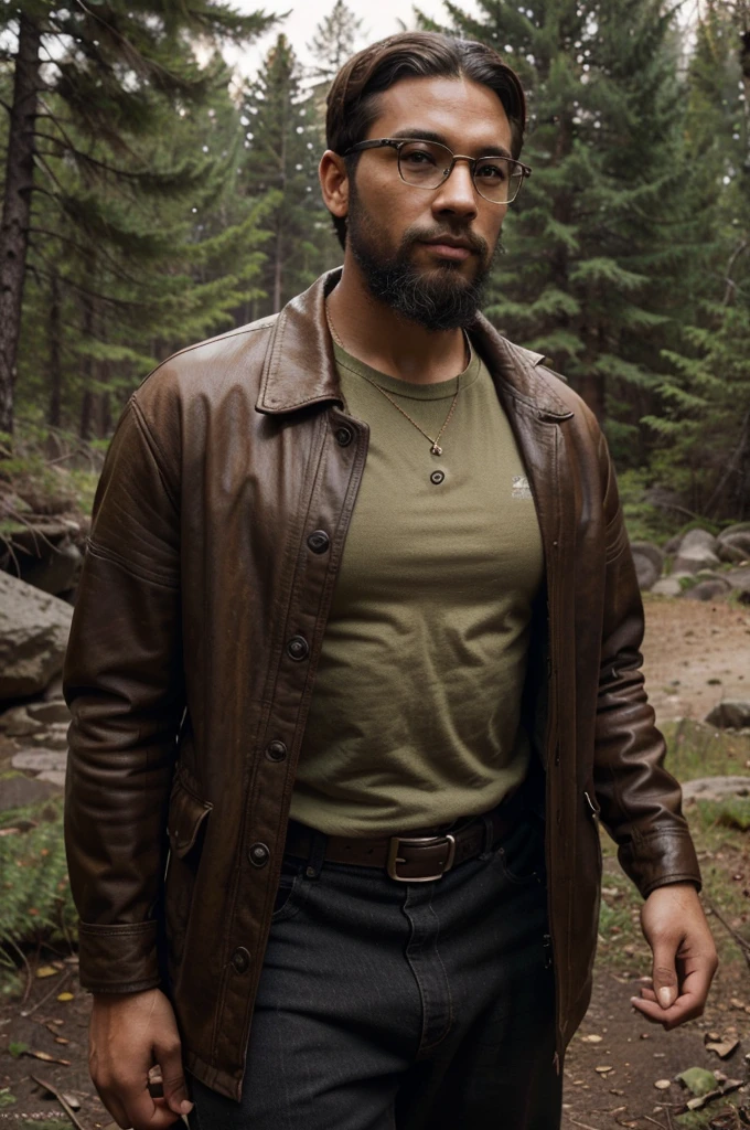 Create a high-quality and realistic portrait image of a young black man with short hair and an imposing beard. He should have a determined smile and fierce, penetrating golden eyes, wearing round glasses with black frames, and dressed in adventurer-style clothing reminiscent of Indiana Jones, with leather details and utility accessories. The young man should have an athletic body and be in a wilderness setting, with dense vegetation and natural elements in the background. Use detailed textures for the skin, hair, beard, clothing, and glasses of the young man. Specify a cinematic lens with a shallow depth of field to focus on the young man's face and create a blurred background that highlights the wilderness setting. Use natural and realistic lighting to enhance the features of the young man and the atmosphere of the environment. Negative prompts: no body deformities, no unnatural proportions, no low-quality textures, no unrealistic lighting.