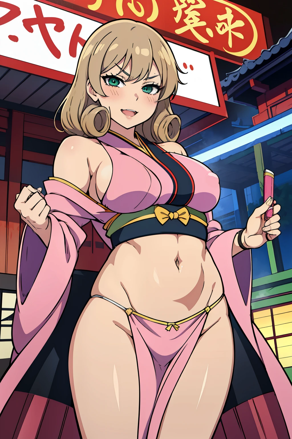 1girl, haruka_senran, solo, looking at viewer, blush, smile, long hair, light brown hair, large breasts, green eyes, blush, lipstick, long hair, crazy eyes ,Hot girl, baddie, staring, glaring, bad attitude, mean girl, dare, angry, hate, crazy, smoking, sensual, attractive, masterpiece, best quality, highly detailed, a anime girls in kimono dress with a sword posing for a
picture, bare shoulder,open kimono, evil smile, open mouth, crop top , (nsfw) not safe for work, smile,
ecchi anime style, anime girls, ecchi style, ecchi, digital anime art!!, in anime style, official artwork, visual
novel cg, beautiful anime girl, anime style 4 k, kimono pencil skirt, exposed belly, exposed navel,
exposed midriff, exposed lower belly, outdoor, japanese architecture, temple
