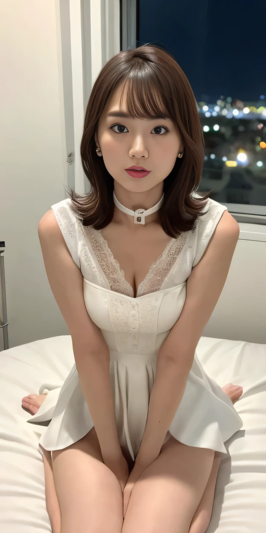 (8K, Original photo, Highest quality, masterpiece:1.2,),((((((truthistic, photo truthistic:1.3)))))),(((Shut your mouth.:1.3))),Ultra-high resolution,(Beautifuly delicate eyes), (8K, Original photo, Highest quality, masterpiece),(truthistic, photo truthistic),Ultra-high resolution,Highly detailed CG synthesis 8k wallpaper,Sharp focus,(truth_skin, oily skin),Perfect Anatomy,thin and long,(Cinema Lighting), Break 1 Girl,bangs,Semi-long hair,Night Time,(夜のLove Hotel),(thigh),Full Body Shot,Wear a dog collar,Hollow Eyes,Thin eyebrows,Face like a Japan person,Transparent skin,Erotic,Slit eyes,Hollow Eyes,Large Breasts,Small Nose,Natural Makeup,Sex slave,Expressionless like a doll,(White wedding dress),(Love Hotel:1.3,Love bed,Sit on the bed),Mind control,(The night view can be seen from the window)