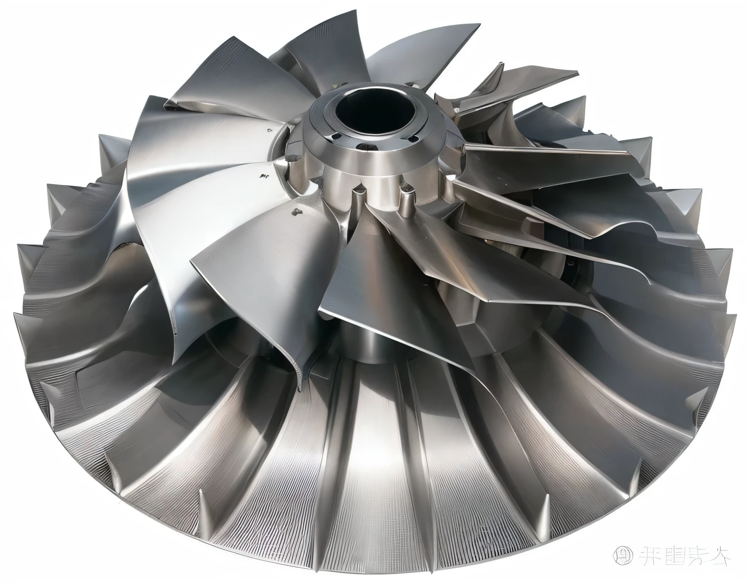 Close up of a metal propeller wheel on a white background, Jet turbine, Titanium Mechanical Parts, Turbine machine, Fusion of aircraft components, Mechanical Parts, Mechanical Parts, Mechanical Parts, turbine, Titanium, Mechanical Parts, aluminum, Metal Parts, jet engines, Product introduction photos, Metal Parts, by Wen Boren, Stainless steel, Blade, tungsten, spiky shell