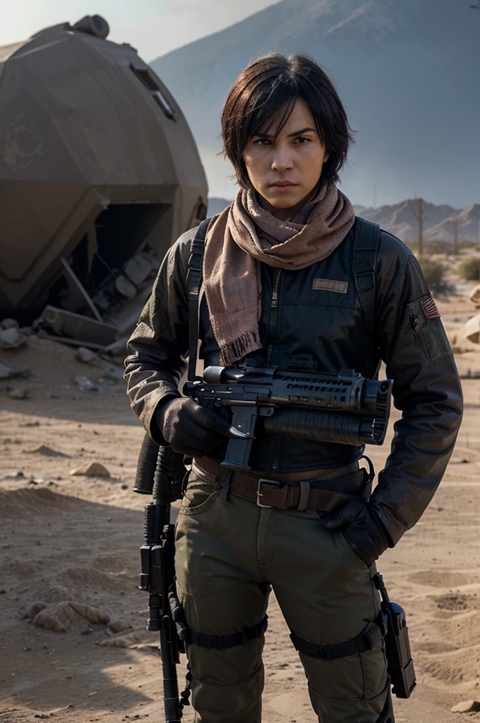 Damon Salvatore(man) stands in the center, gripping his assault rifle, with a desert storm behind him. Damila(woman) with light pink short hair , stands to his right, holding her sniper rifle with a scarf covering her face, eyes focused. Kira(woman) with short blue hair , stands to his left, dual pistols ready, with a determined expression. The sandy, rugged terrain and a backdrop of distant explosions set the scene.