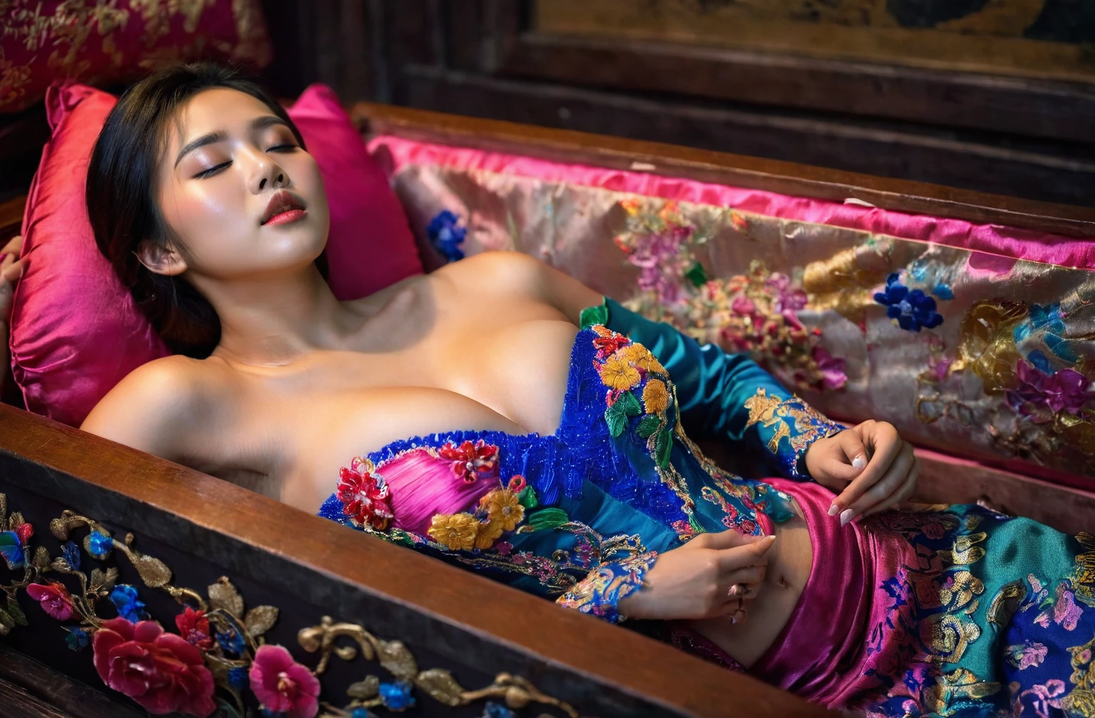 In a striking 8K HDR scene, a stunning Korean woman, 22 years old, lies peacefully in a colorful coffin surrounded by plush pillows. The deep box is set against a rich black background, accentuating the beauty of the subject. Her exquisite kebaya with sleeve attire is embroidered with superb detail, showcasing her round and firm breasts, perfect cleavage, and beautiful eyebrows. Her closed eyes and mouth give an air of serenity, while her visible and absolute cleavage leave nothing to imagination. The scene is bathed in saturated colors, highlighting every intricate aspect from the ball skirt to her clean face, straight body, detailed hand perfect hands, straight body.