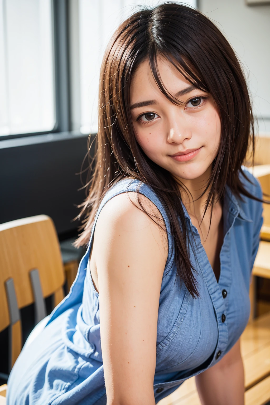 Top quality, 1 beautiful woman, super short Hair , shy smile, Booty pose, at school