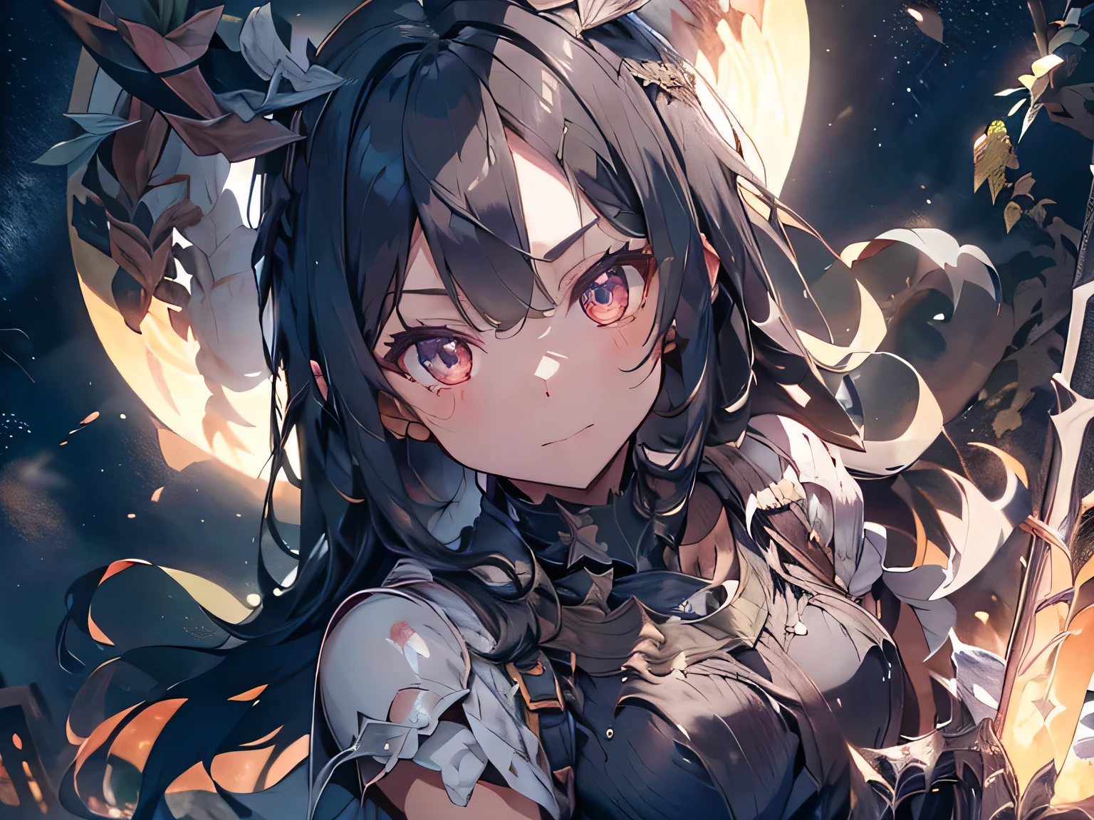 black hair, hair behind ear, head wreath, rabbit ears, anime, sparkle, super detail, high details, ((detailed face)), detailed eyes, textured skin, ((masterpiece)), ((accurate)), high quality, highres, best quality, 8k, Knight in steel armor, Gained military honors, Dust and blood, night, stars, moonlight, On the terrace, cowboy shot
