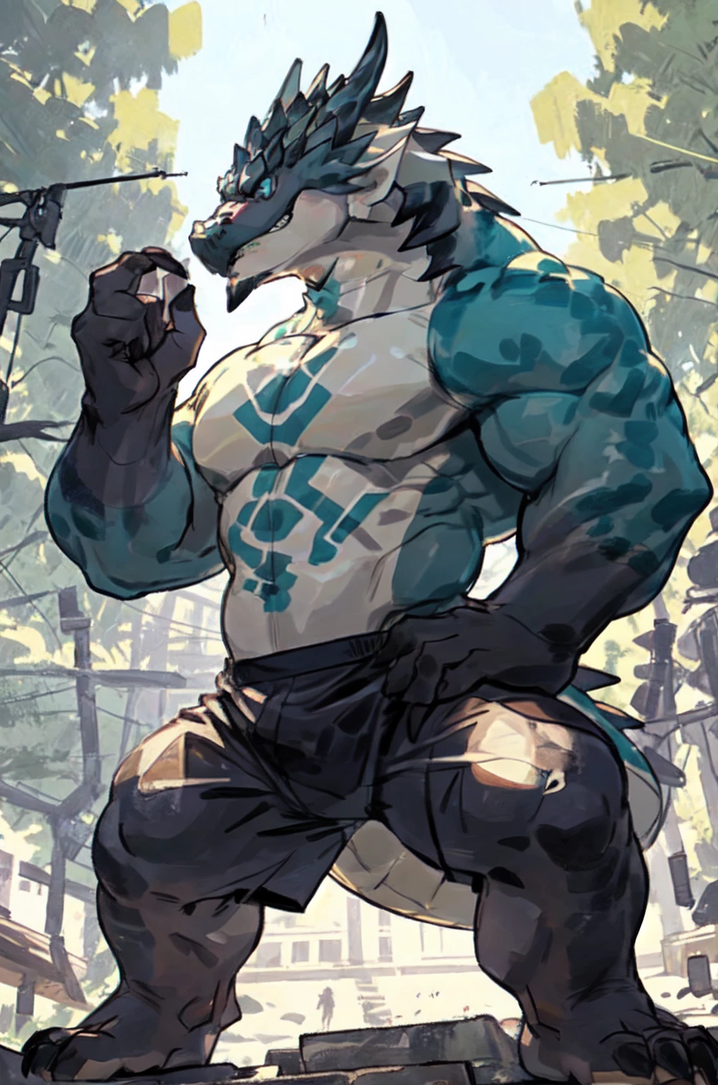 Male wolf, tall, giant body, masculine, buff body, very muscular, strong arms and legs, wide shoulder, Big pectorals, big balls, big dick, standing, cocky, smirking, showing off muscles, jungle