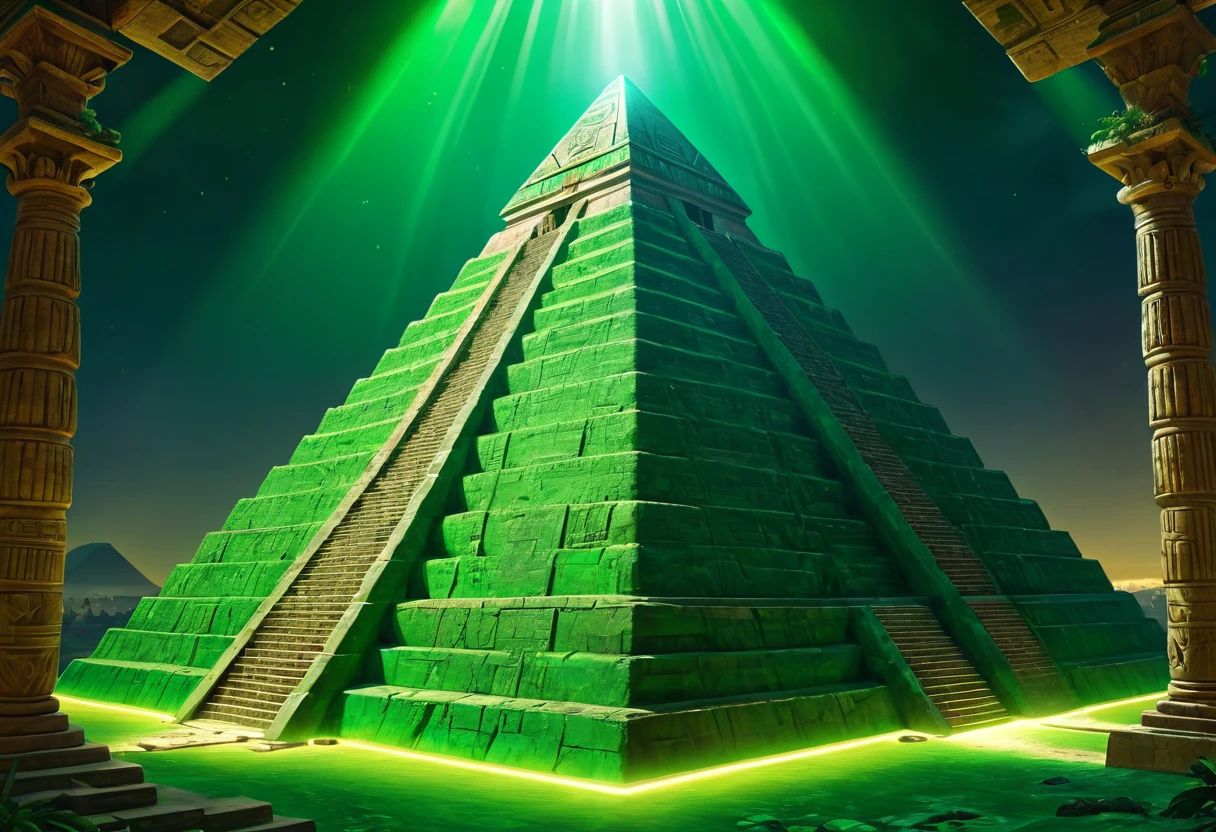 green pyramid, treasure, aztec, riches, green lighting, HDR, 4k resolution, (painting realistic : 1.3), (ultra high resolution: 1.0 ), (((best quality, 8 thousand, masterpiece:1.4))