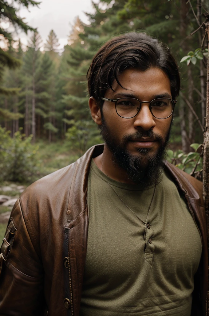 Create a high-quality and realistic portrait image of a young black man with short hair and an imposing beard. He should have a determined smile and fierce, penetrating golden eyes, wearing round glasses with black frames, and dressed in adventurer-style clothing reminiscent of Indiana Jones, with leather details and utility accessories. The young man should have an athletic body and be in a wilderness setting, with dense vegetation and natural elements in the background. Use detailed textures for the skin, hair, beard, clothing, and glasses of the young man. Specify a cinematic lens with a shallow depth of field to focus on the young man's face and create a blurred background that highlights the wilderness setting. Use natural and realistic lighting to enhance the features of the young man and the atmosphere of the environment. Negative prompts: no body deformities, no unnatural proportions, no low-quality textures, no unrealistic lighting.