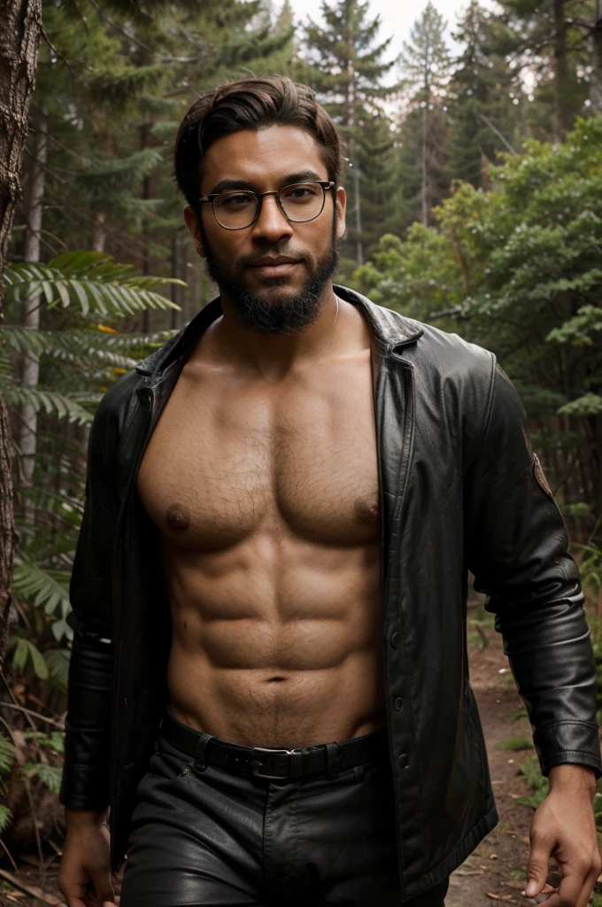 Create a high-quality and realistic portrait image of a young black man with short hair and an imposing beard. He should have a determined smile and fierce, penetrating golden eyes, wearing round glasses with black frames, and dressed in adventurer-style clothing reminiscent of Indiana Jones, with leather details and utility accessories. The young man should have an athletic body and be in a wilderness setting, with dense vegetation and natural elements in the background. Use detailed textures for the skin, hair, beard, clothing, and glasses of the young man. Specify a cinematic lens with a shallow depth of field to focus on the young man's face and create a blurred background that highlights the wilderness setting. Use natural and realistic lighting to enhance the features of the young man and the atmosphere of the environment. Negative prompts: no body deformities, no unnatural proportions, no low-quality textures, no unrealistic lighting.