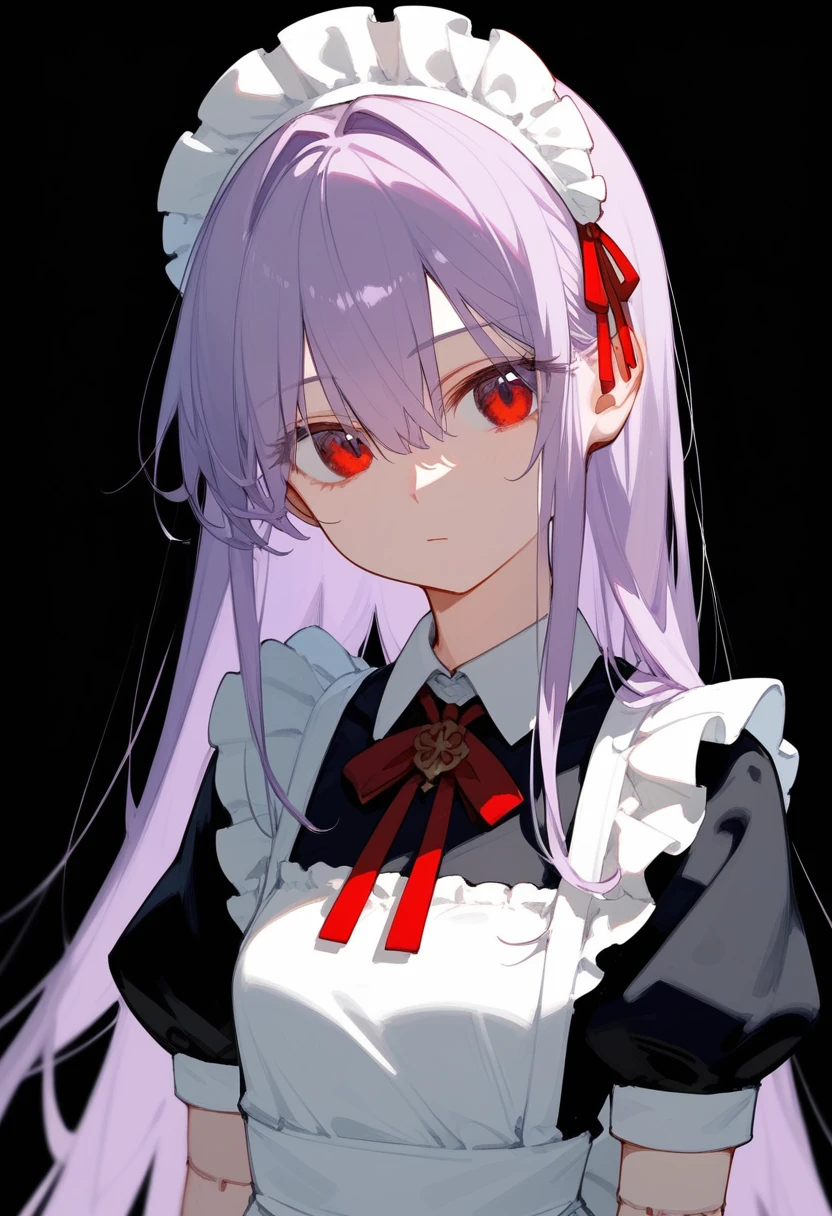 (score_9, score_8_up, score_7_up), 1girl, Upper body, maid outfit, absurdly long hair, light purple hair, long bangs, hair between eyes, eyes visible through hair, red eyes, doll joints, looking at viewer, neutral, innexpressive, small breasts, standing, arms on sides, head tilt, black background, simple background