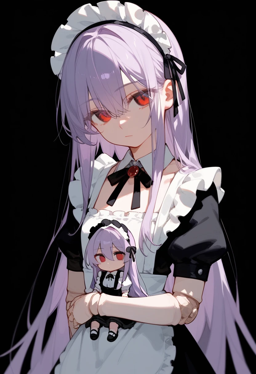 (score_9, score_8_up, score_7_up), 1girl, Upper body, maid outfit, absurdly long hair, light purple hair, long bangs, hair between eyes, eyes visible through hair, red eyes, doll joints, looking at viewer, neutral, innexpressive, small breasts, standing, arms on sides, head tilt, black background, simple background