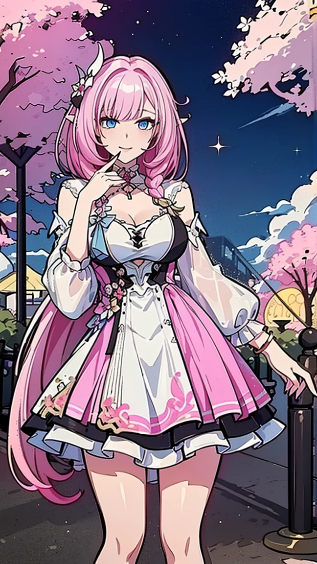 Masterpiece, Super Detail, High Quality, 8K, top quality, one girl, alone, looking at viewer, bangs, elysia, honkai impact , pink hair, light blue eyes, long hair, manicure, hair ornament, (((pink summer dress))), holding up hand, flower, blunt bangs, ((charming smile)), tassel, colorful, amusement park background, ruffles, multi colored hair, ((Above the knees image standing)), beautiful fingers and nails
