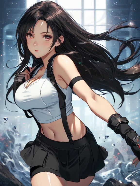 (((Full and soft breasts,)))(((巨Large target乳房))) (((Cleavage))) (Perfect curvy figure)8K,masterpiece, Best quality,Large target, (1 girl), Tifa Lockhart, Red_Eye, Black Hair, Long hair, Professional lighting, (Glowing skin: 1.2), shiny Large target, ((best quality)), Clear focus: 1.2, Highly detailed face and skin textures, detailed Eye, Perfect face, Perfect body, Blur Art, CG, Background big breasts, 20 years old, Mature and cool beautiful face, Wear ((Black suspender dress), Black elbow gloves, White tight shirt, thigh, White vest), blush, Lively posture, (Mitgal), Flowing hair, Random pose,