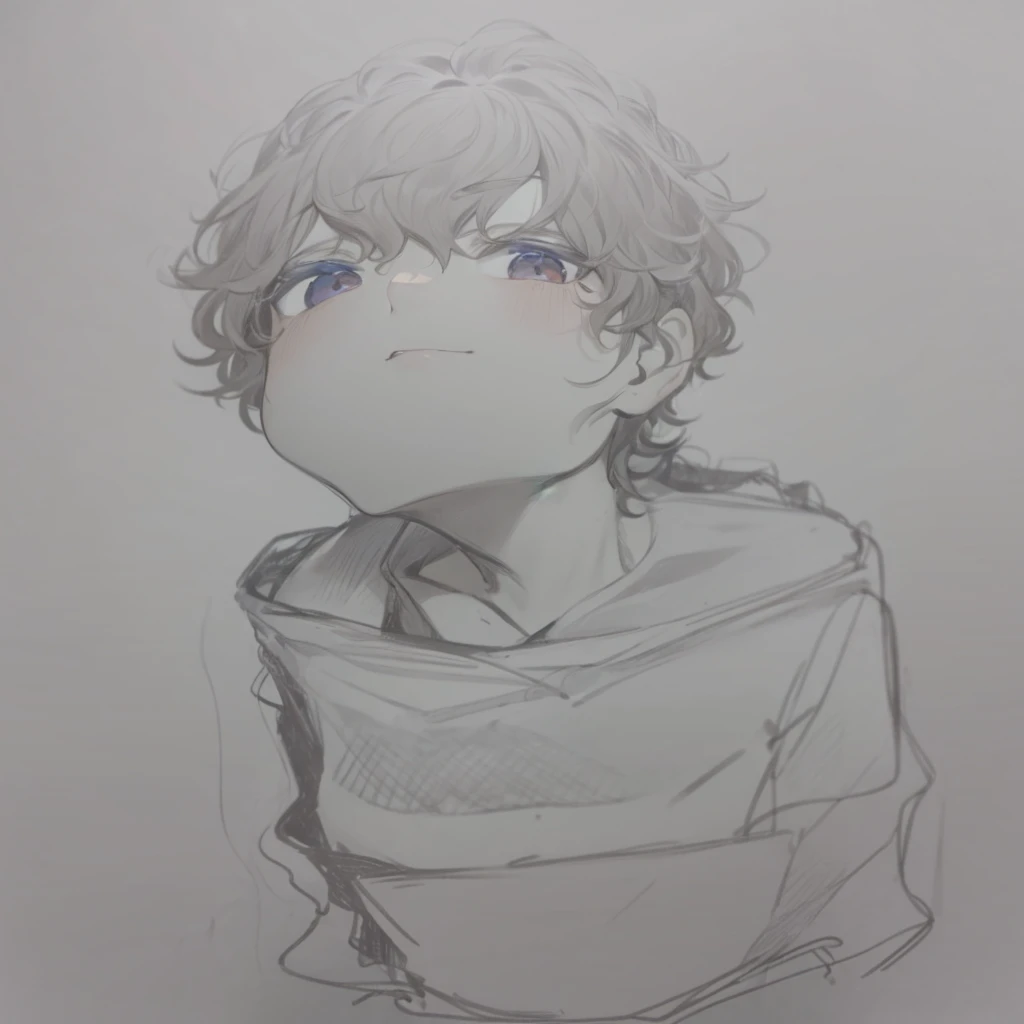 Boy with curly hair, dark brown color, eyes browns, brunette skin, red sweatshirt and blue undershirt