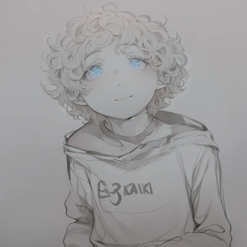 Boy with curly hair, dark brown color, eyes browns, brunette skin, red sweatshirt and blue undershirt 