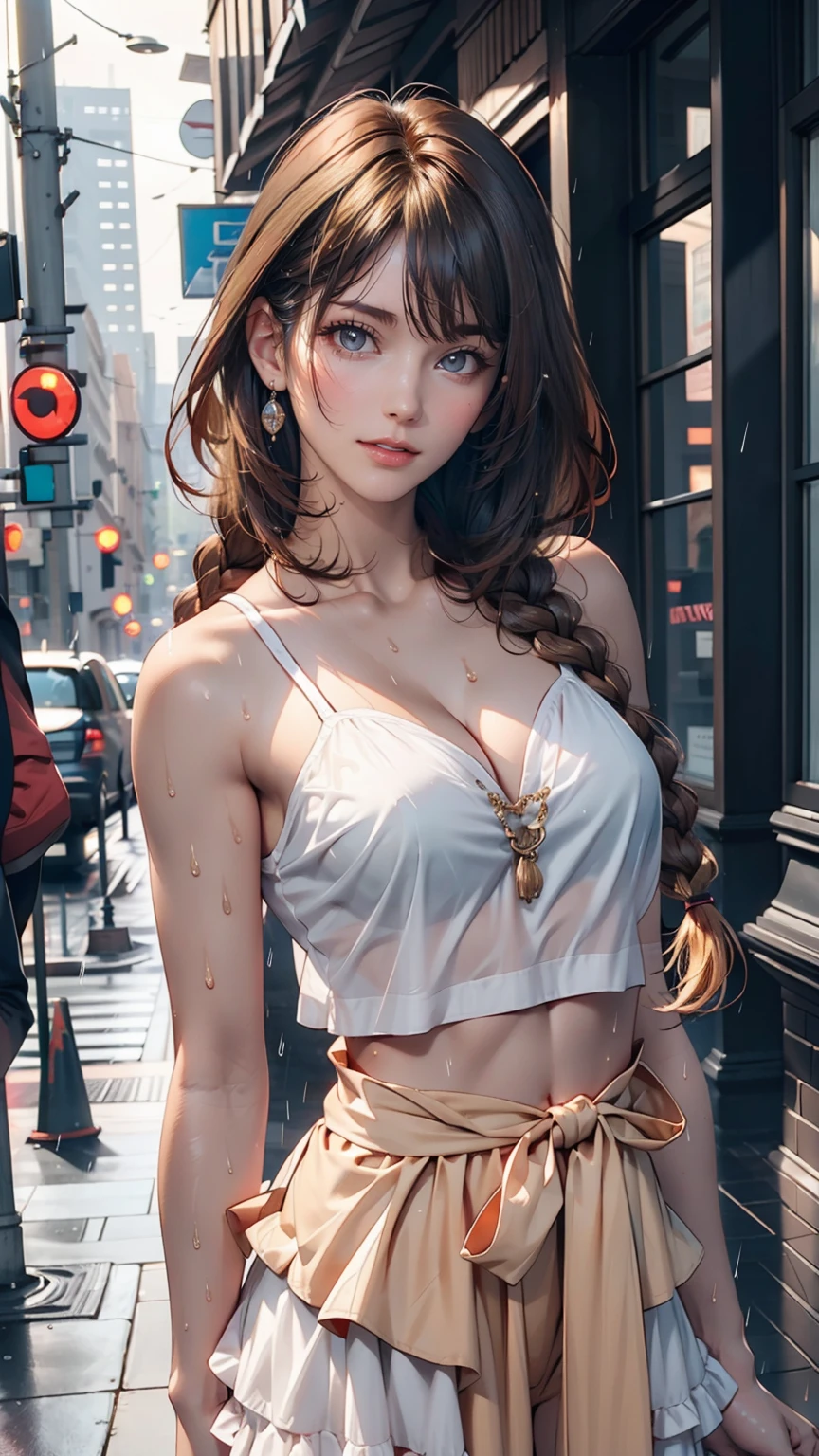 ((Highest quality, 8K, masterpiece:1.3)), concentrated:1.2, Perfect Body Beauty:1.4, Hips:1.2, ((Layered Haircut, chest:1.2)), (Wet clothes:1.1) , (rain, street:1.3), Bandeau dress: 1.1, Highly detailed face and skin texture, Beautiful Eyes, double eyelid, White skin, Long Hair, (shut up: 1.3)、Sexy proportions、Sexy、Narrow waist、mature female body、Multi braid((multiple braids)、Blonde to red gradation hairstyle ((gradient hair))