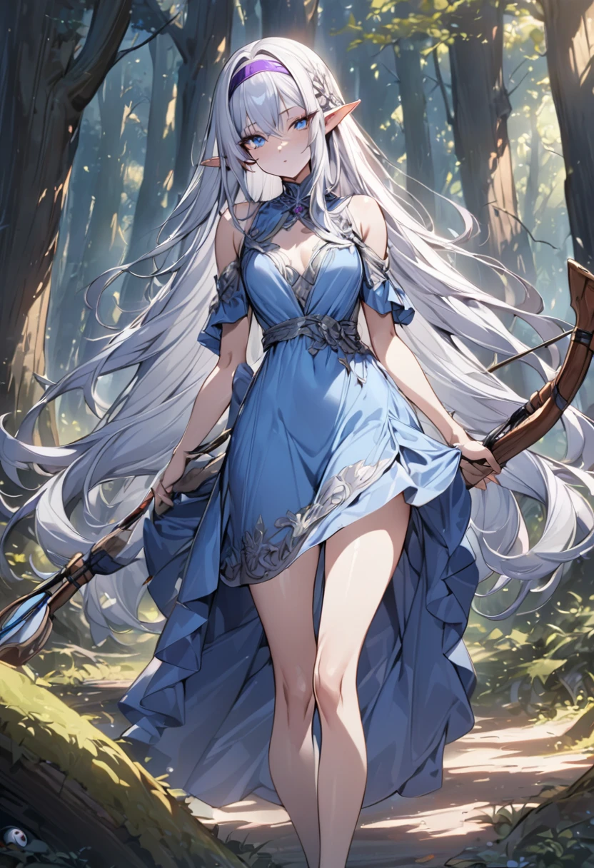((silver hair)), highly detailed face and eyes, (very long hair, straight hair), jewelry, purple hairband, long pointy ears, anime, masterpiece, textured skin, (super detail), award winning, (best quality), elf, in forest, Sunbeams filtering through the trees, (blue dress), whole body, beautiful legs, hunting, bow and arrow, eyeball, tsurime, blue eyes