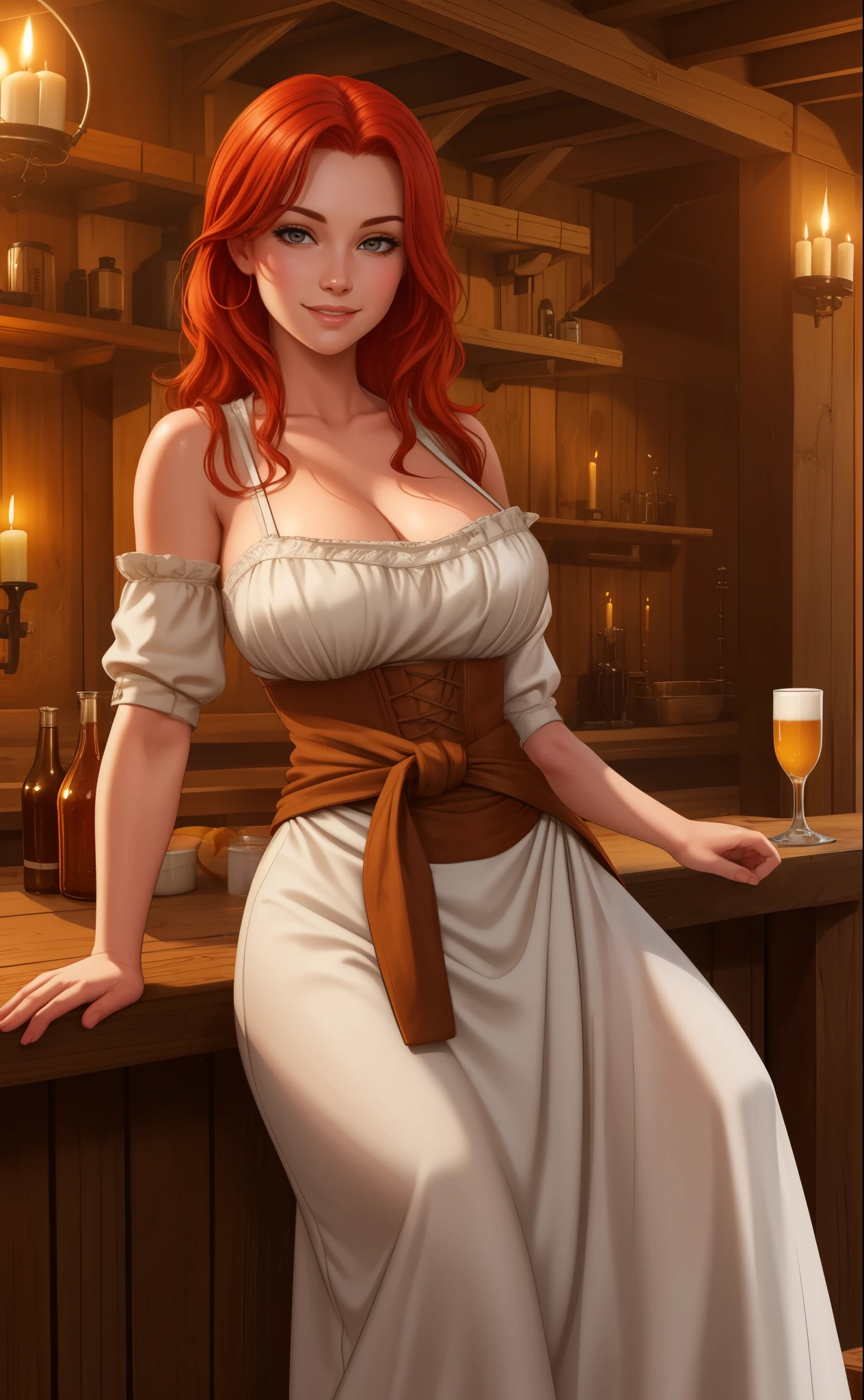 image of a redheaded barmaid in a medieval tavern, serving a frothy beer in a wooden mug, with a warm smile and a welcoming demeanor, wearing a low-cut bodice and a long skirt, with a white apron tied around her waist, in a rustic setting with wooden beams and flickering candles,
