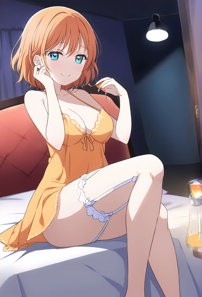 Honoka Kosaka Orange Hair Blue eyes short hair Tie your hair on only one side Orange nightgown White garter belt smile Larger breasts night Love Hotel Seduce Sit on the bed night景 Dark Room Room lighting Holding an orange cocktail