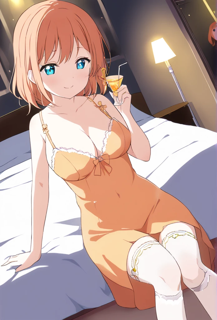 Honoka Kosaka　Orange Hair　Blue eyes　short hair　Tie your hair on only one side　Orange nightgown　White garter belt　smile　Larger breasts　night　Love Hotel　Seduce　Sit on the bed　night景　Dark Room　Room lighting　Holding an orange cocktail