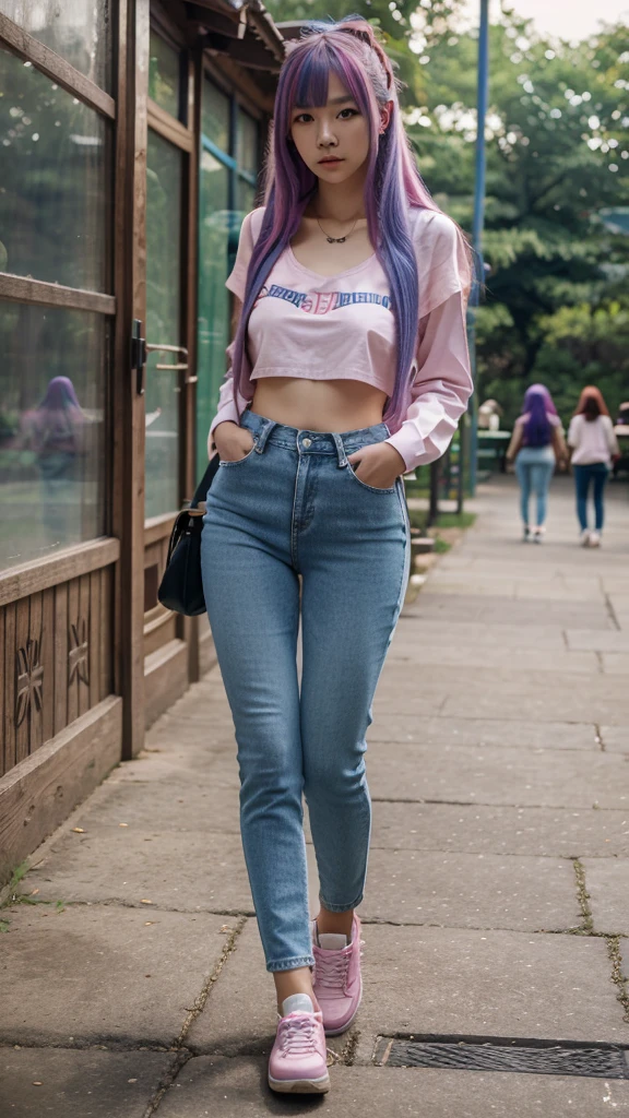 Masterpiece, 8k, highh quality
Girl from korea,blue jeans, small breast, walking, in the zoo, take a coffee, hot pant,pink shoes, long hair, blue hair