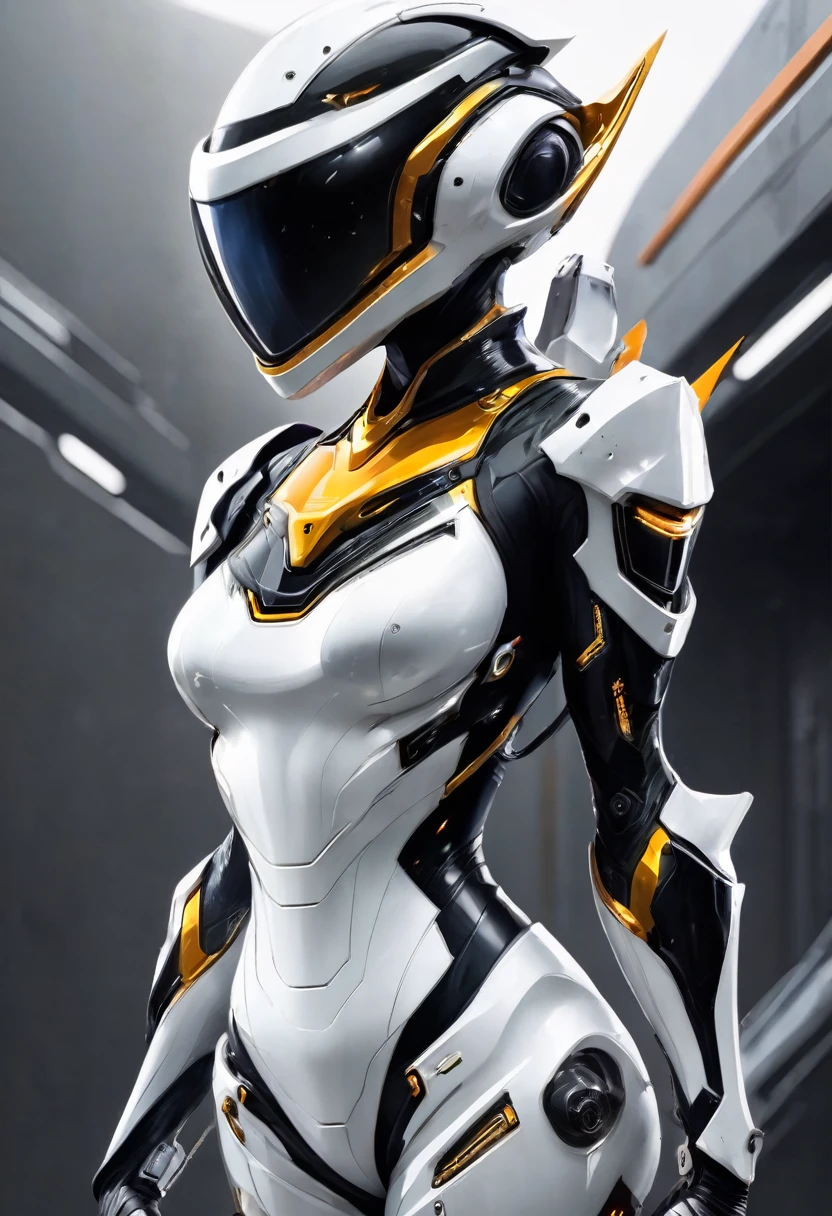 female character in a futuristic black and white space suit, her head is uncovered she has short blond pixie hair cut and amber eyes. solid gray background