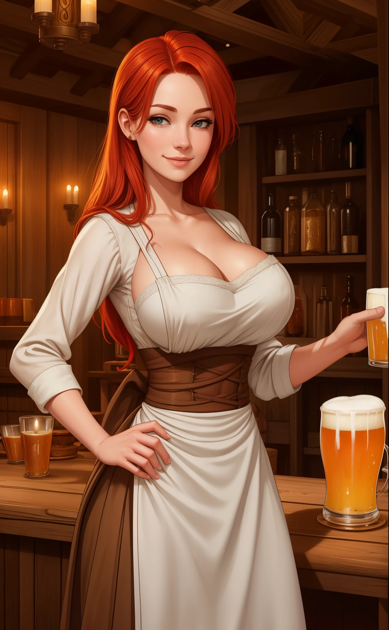 image of a redheaded barmaid in a medieval tavern, serving a frothy beer in a wooden mug, with a warm smile and a welcoming demeanor, wearing a low-cut bodice and a long skirt, with a white apron tied around her waist, in a rustic setting with wooden beams and flickering candles,