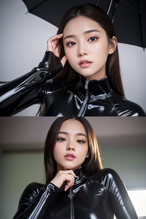 (Raw photo:1.2)、Highest quality、Beautiful detailed girl、Tight Water Suit、Latex Sweatsuit, Laughter、Highly detailed eyes and face、Beautiful and fine details、Large file size、High resolution、High resolution、8k wallpaper details、Highly detailed Ticker uniform 8K wallpaper、Light on the face、Cinema Lighting、18-year-old girl、Sexy pose、(Photorealism:1.4)、Awareness-raising、Surrealism、 From below、Super Detail、masterpiece