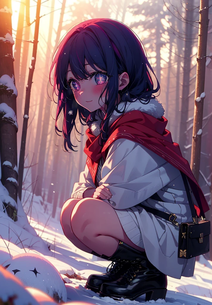 aihoshino, Ai Hoshino, Long Hair, bangs, (Purple eyes:1.1), Purple Hair, (Symbol-shaped pupil:1.5), smile,,smile,blush,White Breath,
Open your mouth,snow,Ground bonfire, Outdoor, boots, snowing, From the side, wood, suitcase, Cape, Blurred, , forest, White handbag, nature, Squat, Mouth closed, Cape, winter, Written boundary depth, Black shoes, red Cape break looking at viewer, Upper Body, whole body, break Outdoor, forest, nature, break (masterpiece:1.2), Highest quality, High resolution, unity 8k wallpaper, (shape:0.8), (Beautiful and beautiful eyes:1.6), Highly detailed face, Perfect lighting, Highly detailed CG, (Perfect hands, Perfect Anatomy),