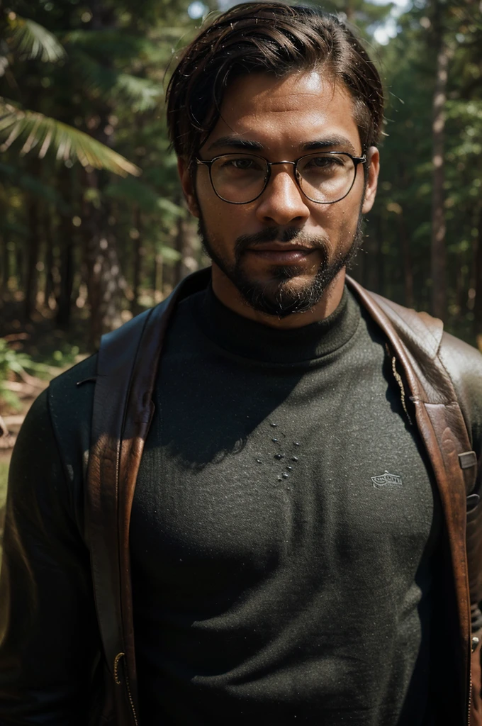 Create a high-quality and realistic portrait image of a young black man with short hair and an imposing beard. He should have a determined smile and fierce, penetrating golden eyes, wearing round glasses with black frames, and dressed in adventurer-style clothing reminiscent of Indiana Jones, with leather details and utility accessories. The young man should have an athletic body and be in a wilderness setting, with dense vegetation and natural elements in the background. Use detailed textures for the skin, hair, beard, clothing, and glasses of the young man. Specify a cinematic lens with a shallow depth of field to focus on the young man's face and create a blurred background that highlights the wilderness setting. Use natural and realistic lighting to enhance the features of the young man and the atmosphere of the environment. Negative prompts: no body deformities, no unnatural proportions, no low-quality textures, no unrealistic lighting.