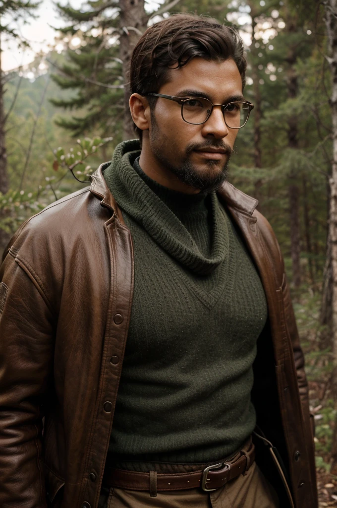 Create a high-quality and realistic portrait image of a young black man with short hair and an imposing beard. He should have a determined smile and fierce, penetrating golden eyes, wearing round glasses with black frames, and dressed in adventurer-style clothing reminiscent of Indiana Jones, with leather details and utility accessories. The young man should have an athletic body and be in a wilderness setting, with dense vegetation and natural elements in the background. Use detailed textures for the skin, hair, beard, clothing, and glasses of the young man. Specify a cinematic lens with a shallow depth of field to focus on the young man's face and create a blurred background that highlights the wilderness setting. Use natural and realistic lighting to enhance the features of the young man and the atmosphere of the environment. Negative prompts: no body deformities, no unnatural proportions, no low-quality textures, no unrealistic lighting.