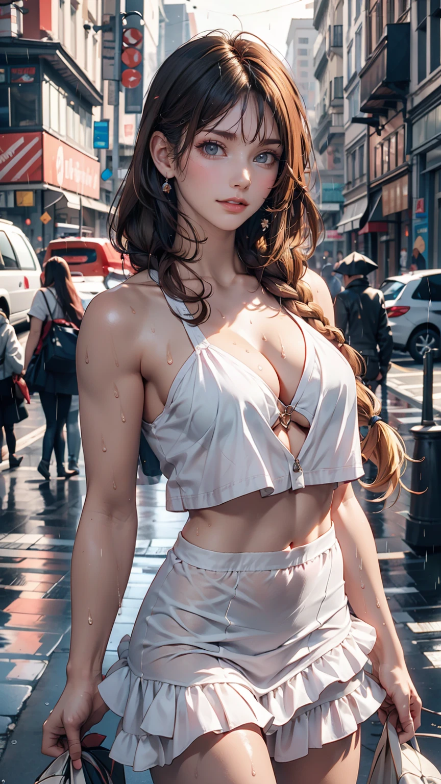 ((Highest quality, 8K, masterpiece:1.3)), concentrated:1.2, Perfect Body Beauty:1.4, Hips:1.2, ((Layered Haircut, chest:1.2)), (Wet clothes:1.1) , (rain, street:1.3), Bandeau dress: 1.1, Highly detailed face and skin texture, Beautiful Eyes, double eyelid, White skin, Long Hair, (shut up: 1.3)、Sexy proportions、Sexy、Narrow waist、mature female body、Multi braid((multiple braids)、Blonde to red gradation hairstyle ((gradient hair))