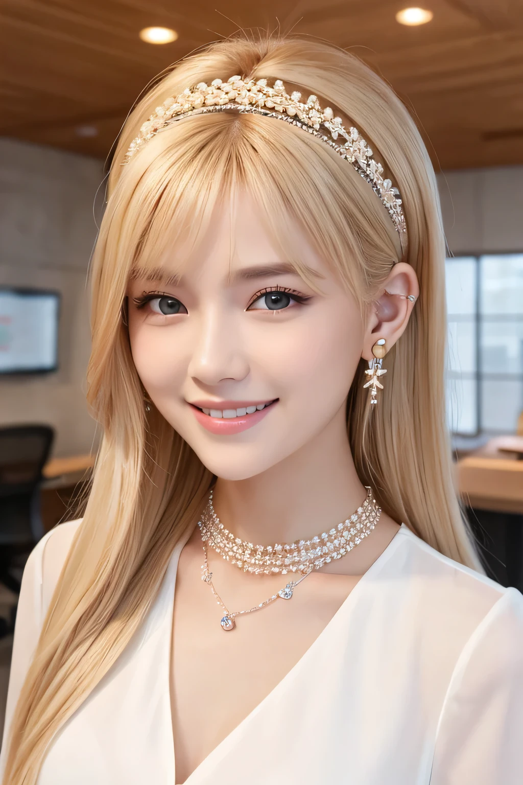 young woman、Blonde、hairstyle semi long、ear piercing、Necklace around the neck、blouse、Emphasize the chest、smile、Beautiful teeth alignment、Intricate details, Very detailed:1.2), 、hair band、 Looking into the camera、The background is the office