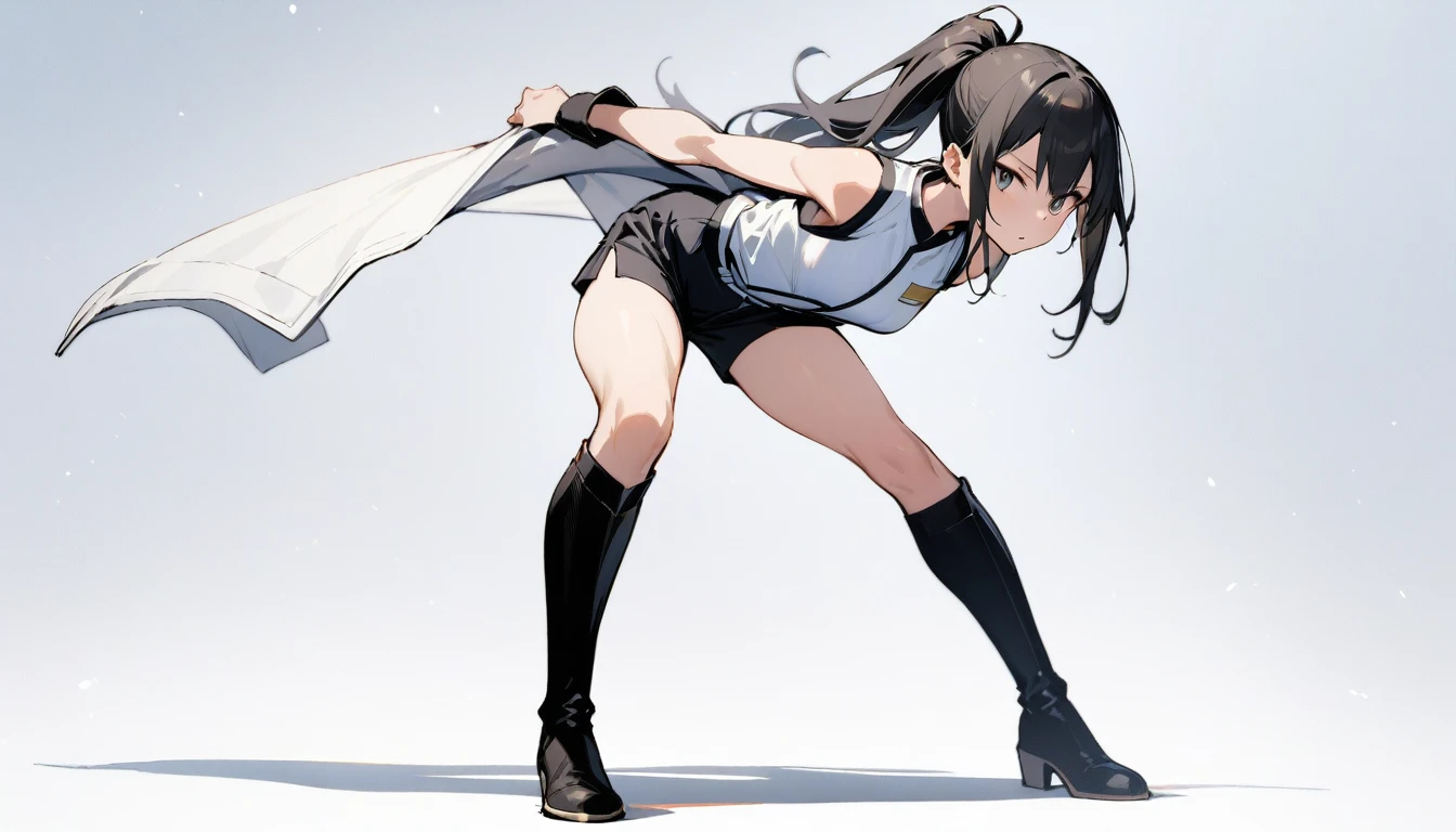 ((Highest quality)), ((masterpiece)), (detailed),full body ,slender. ((Rin々A cool female fighter)) small breasts Long-haired ponytail Sleeveless white judo uniform Black shorts Knee-high boots Leaning forward Open chest
